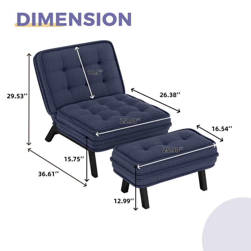  Chaise d'appoint rembourrée de 25,98 po de largeur avec dossier réglable et repose-pieds (ensemble de 3), Bleu, 3