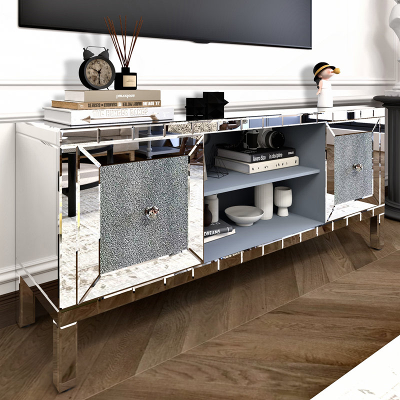 Meuble télé en miroir avec portes en verre concassé et diamant avec rangement réglable