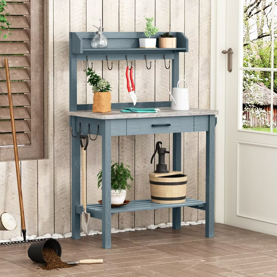 Gracie Oaks Seyam HLR Outdoor Wooden Potting Bench Table with Metal ...