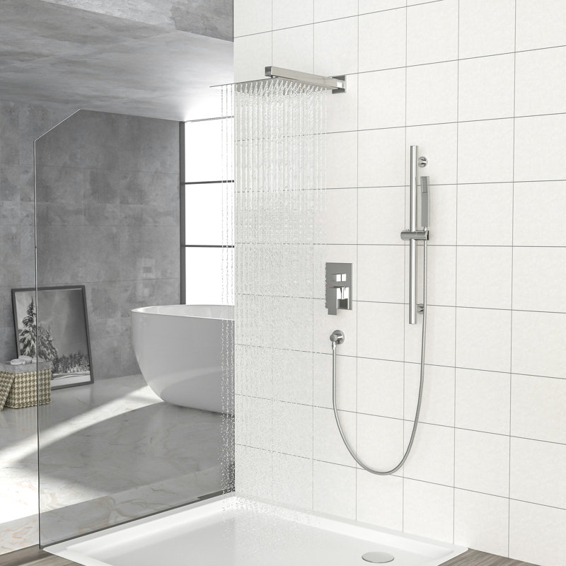 12 Inch Square Shower In Brushed Nickel - Adjustable Slide Bar, -Balanced Valve & Handheld Aspect With Head Feature