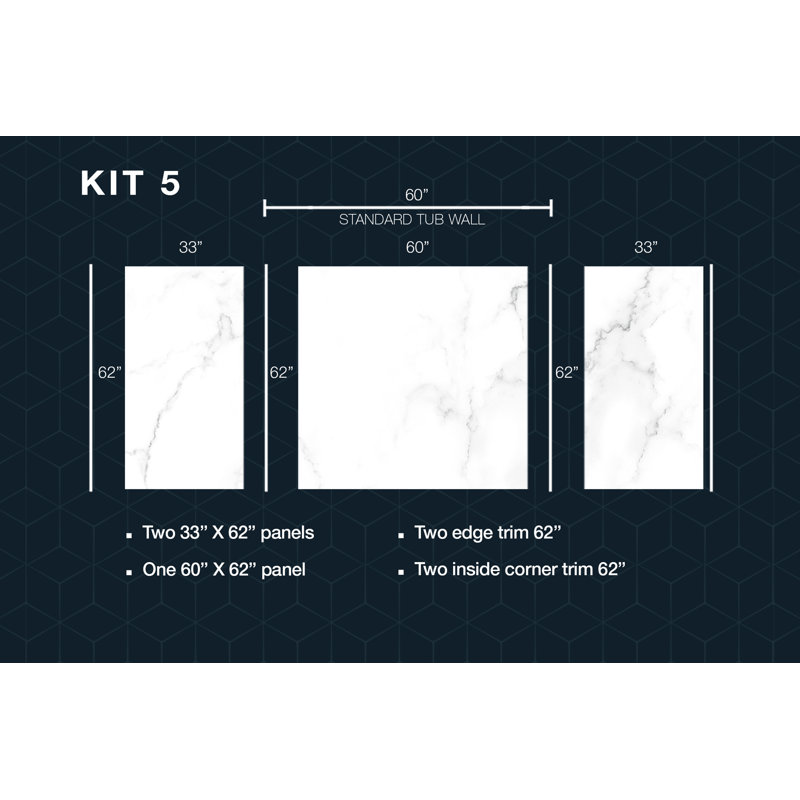 Bordure de panneau de douche en composite à trois parois l 60 po x H 62 po x P 33 po Polymarm, Calacatta Venise