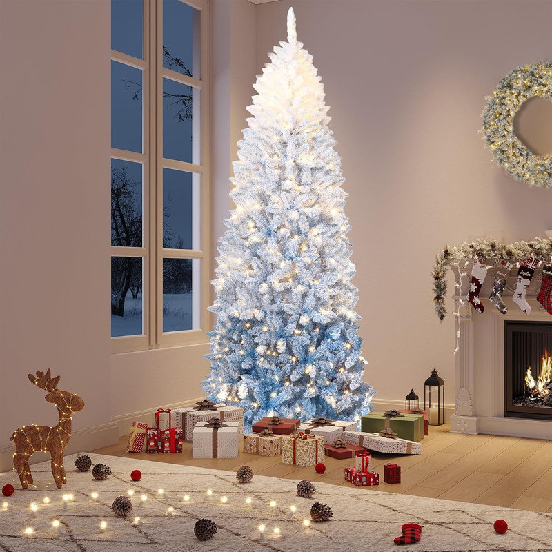 Snow Flocked Pencil Christmas Tree, Slim Artificial Christmas Tree with Sturdy Metal Stand, Skinny Xmas Tree Holiday Decoration for Home, Office