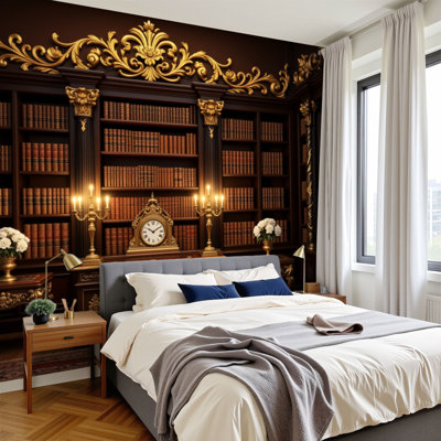 Peel and Stick Wallpaper Vintage Library Interior Bookshelves Antique Clock Bookworm Book Lovers Wall Murals 100"H x 144"W Removable PVC Wall Paper Self-Adhesive Wall Paintings Art Decor for Bedroom Living Room