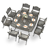 9-Piece Outdoor Furniture Dining Set For 8, All Weather Cast Aluminum Patio Dining Set- Large 64" Square Table And 8 Chairs, Patio Table And Chairs Set For Garden, Umbrella Hole, Dark Bronze