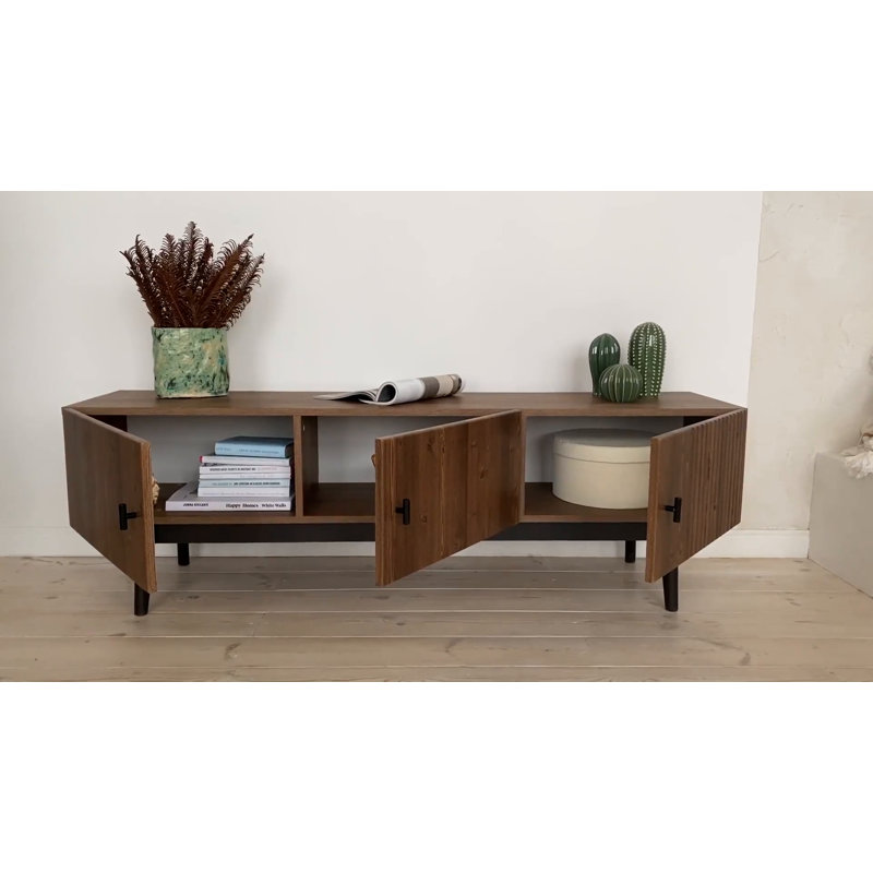 Mid-Century Walnut and Black 59" TV Stand with Cabinet