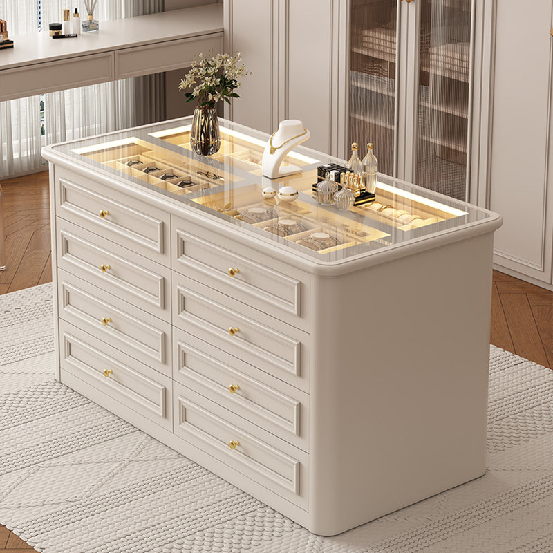 Armoire à bijoux de style français blanc crème 47,24 po, vitrine multi-couches en bois massif et en verre trempé avec lumières DEL, rangement de tiroir double face