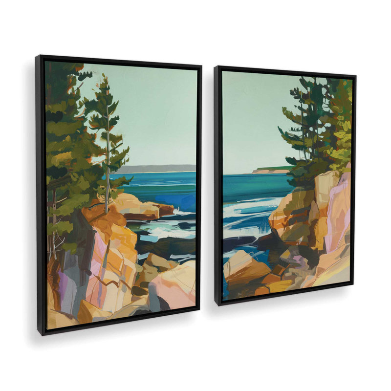 Ensemble 2 pièces Seacliff Whispers On Canvas par Azure Artisanal Studio, Cadre flottant noir satiné