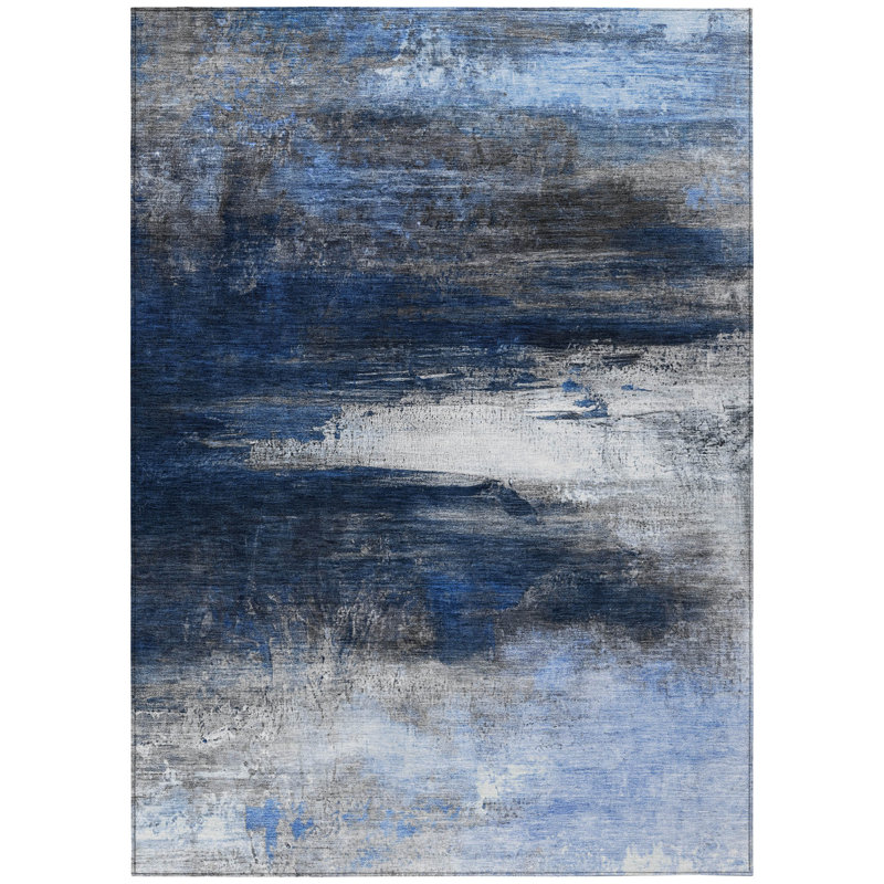 Machine Washable Indoor/Outdoor Xhevrie Navy Rug, Rectangle 8' x 10'