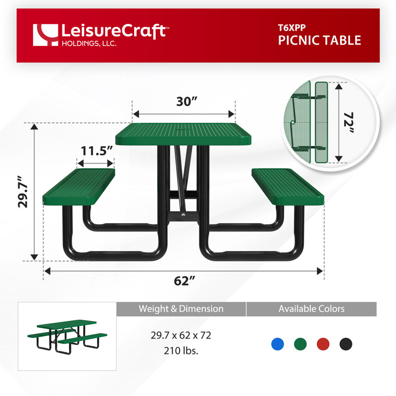 Leisure Craft Standard Outdoor Picnic Table, Green, 72" W