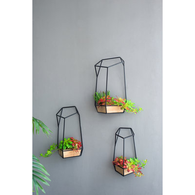 S/3 Geometric Fir Wood Wall Planters with Black Iron Frames, Sculptural Hanging Plant Holders