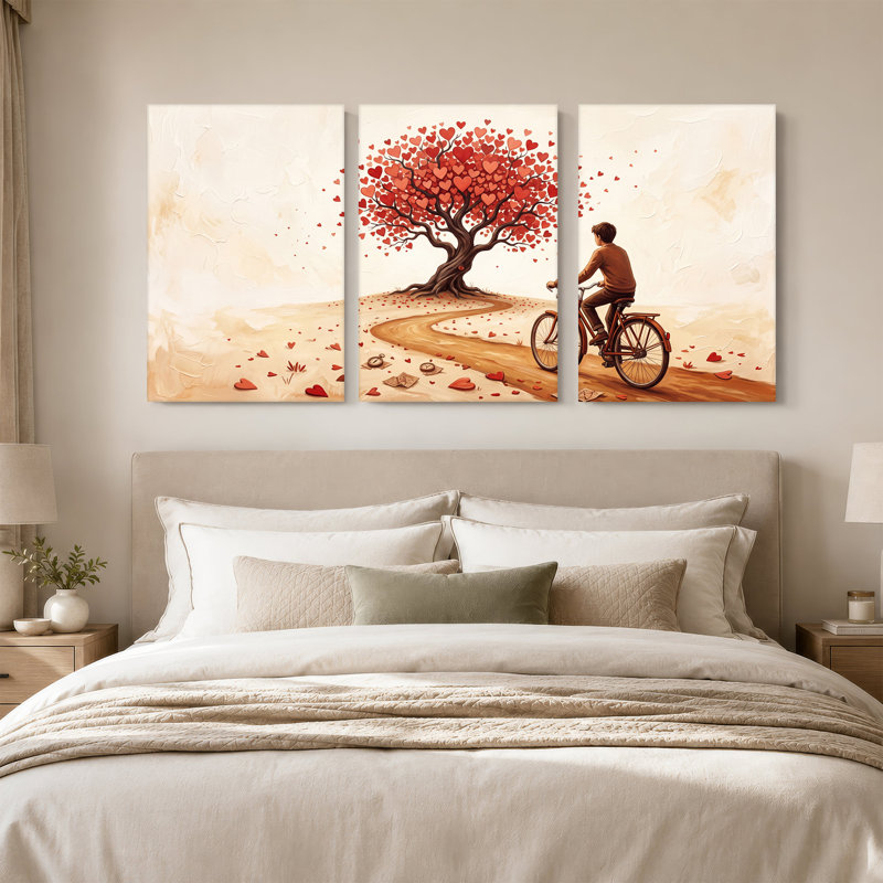 Ensemble de 3 toiles murales représentant une personne à vélo s'approchant d'un arbre en forme de cœur