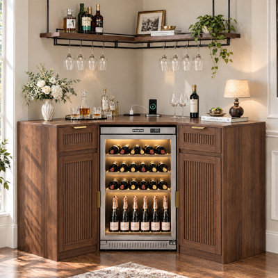 Corner Coffee Bar with Fridge Space & Power Outlet, L-Shaped Liquor Cabinet with Adjustable Shelves, Walnut