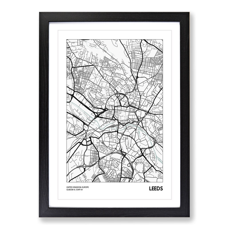 Map Leeds UK - Picture Frame Graphic Art, 65cm H x 48cm W x 2cm D, Black