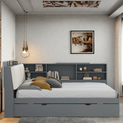 Platform Bed With Trundle, Storage Shelves, Upholstery Headboard And Rotatable Storage Board