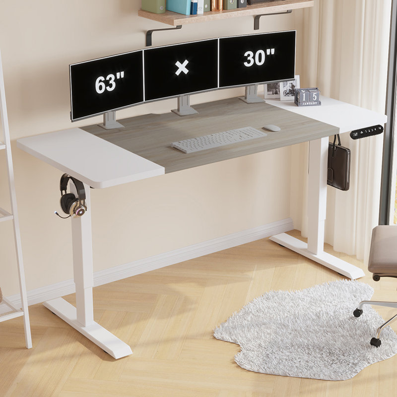 Bureau debout à hauteur réglable électrique Fanchon, H 45 po x l 63 po x P 30 po, Chêne / Blanc