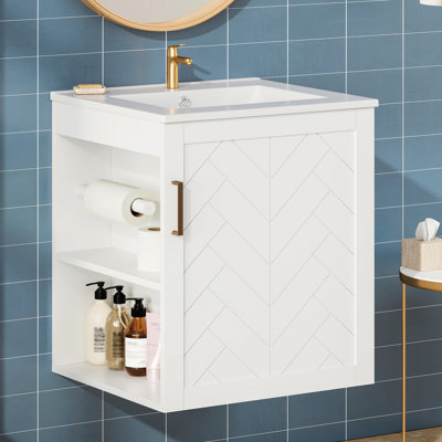Meuble-lavabo mural avec lavabo, armoire de 50 cm, porte à fermeture douce, porte-papier hygiénique, meuble-lavabo imperméable en bois massif et matériaux composites.