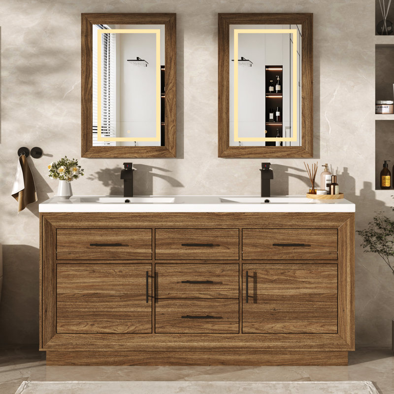 Meuble-lavabo double 60 po avec plateau en résine, robinets, 2 miroirs à DEL, meuble-lavabo avec plateaux et tiroirs inclinables