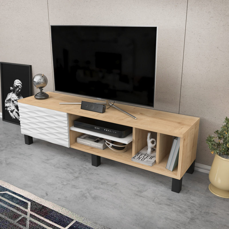 Meuble télé moderne 55,1 po x 13,8 po x 15,9 po | 100% panneau de particules enduit de mélamine, épaisseur: 0,7 pouce | Conception géométrique élégante, parfaite pour les salons contemporains et les espaces de divertissement