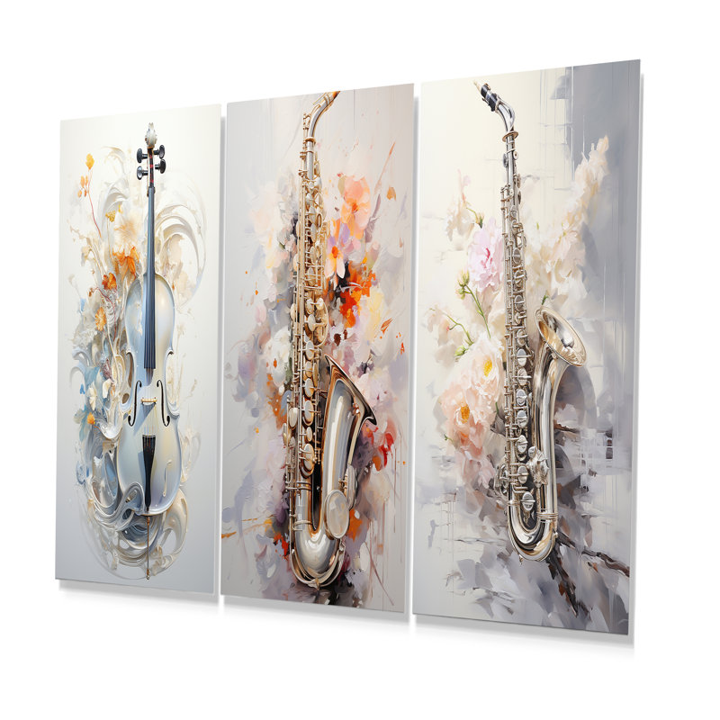 Flutes Whisper Silver Grace - Music Metal Wall Art Set Of 3, 28" H x 36" W