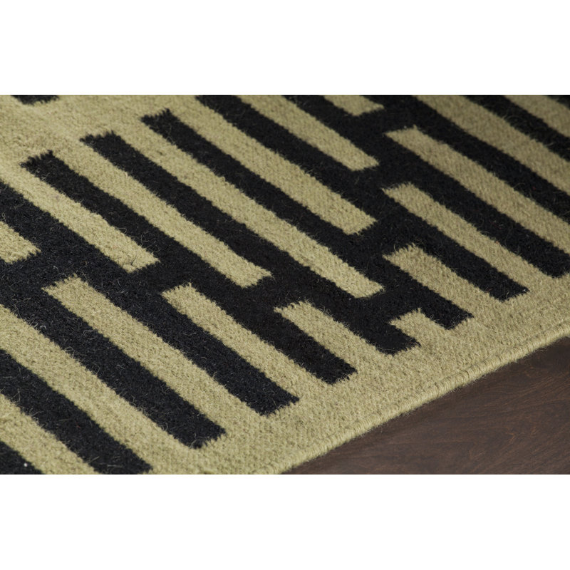 Chevella Authentic Flatwoven Handmade Mellow Green & Black Reversible Modern Zig Zag Wool & Cotton Area Rug, 5' x 7'