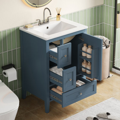 [Video] 24" Modern Blue Gray Bathroom Vanity with Ceramic Sink, Solid Wood Legs, Soft-Close Drawers & Door, Storage Rack, Painted Surface Finish