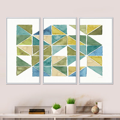 «Geometric Green Triangle I», ensemble d'art mural encadré moderne sur toile Mid-Century