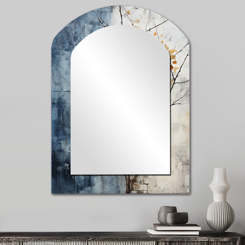 «Minimalist Granite Grape Leaves I - Leaves Arch Mirror», miroir mural asymétrique gris unique, 34 po x 25 po