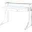 Bureau d'écriture blanc ultrabrillant à 2 tiroirs avec structure en métal et verre, style contemporain pour espaces de bureau, 36 pouces de hauteur, tiroirs rectangulaires, structure, forme, base traîneau