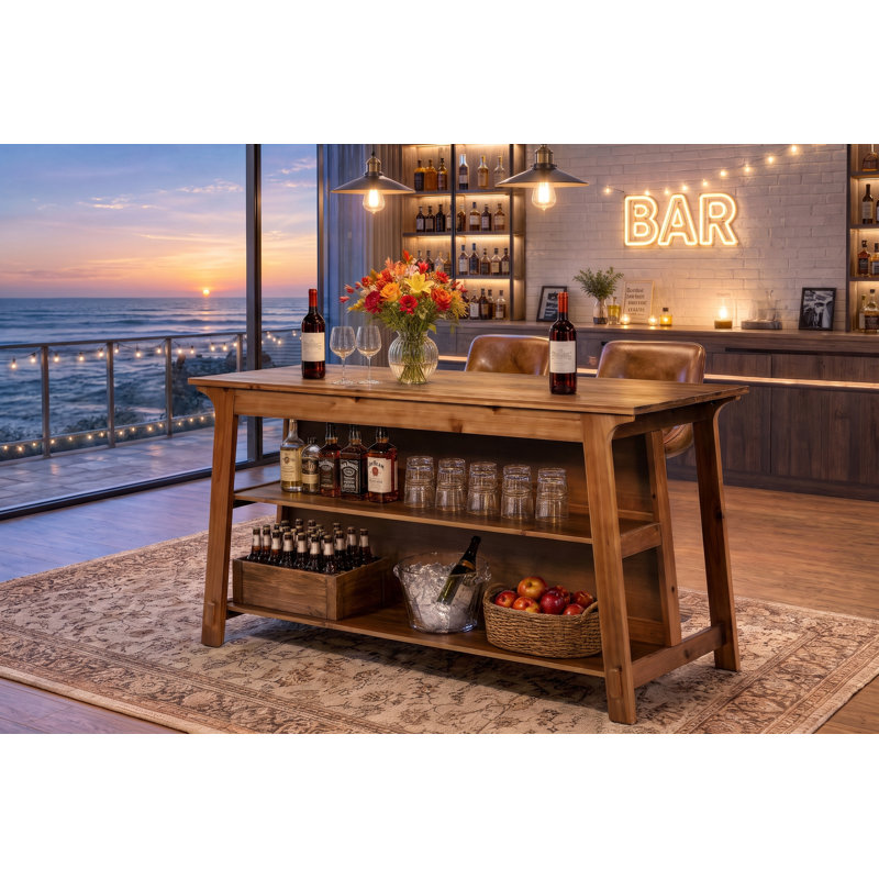 Îlot de cuisine en bois massif de 160 cm (63 po), grande table de cuisine avec étagères de rangement