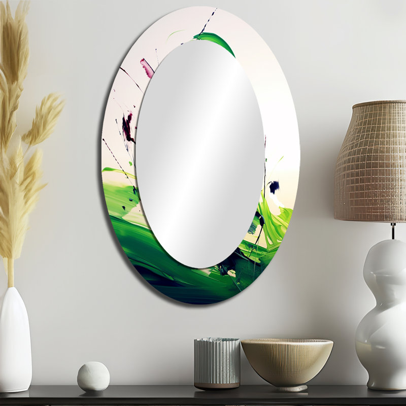 Green And White Abstract Ink Expression IV - Green Modern Oval Wall Mirror, 36" x 24"