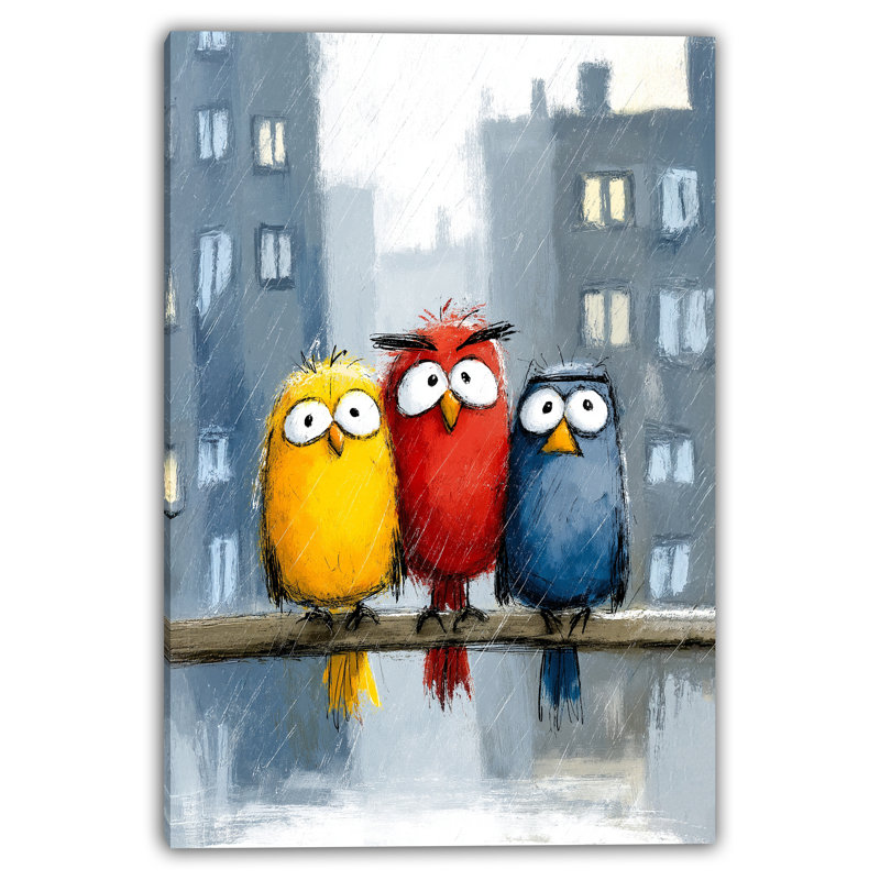 Jour de pluie - Illustration d'un trio d'oiseaux dans la ville, H 36 po x l 20 po