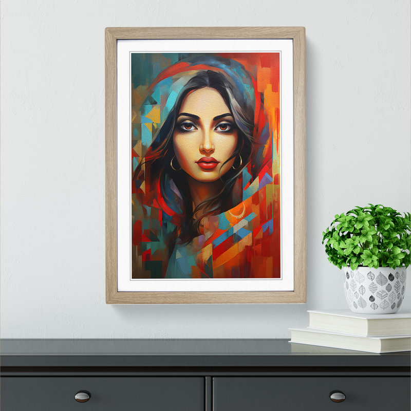 Indian Woman Expressionism - Framed Print, 34cm H x 25cm W x 2cm D, Oak