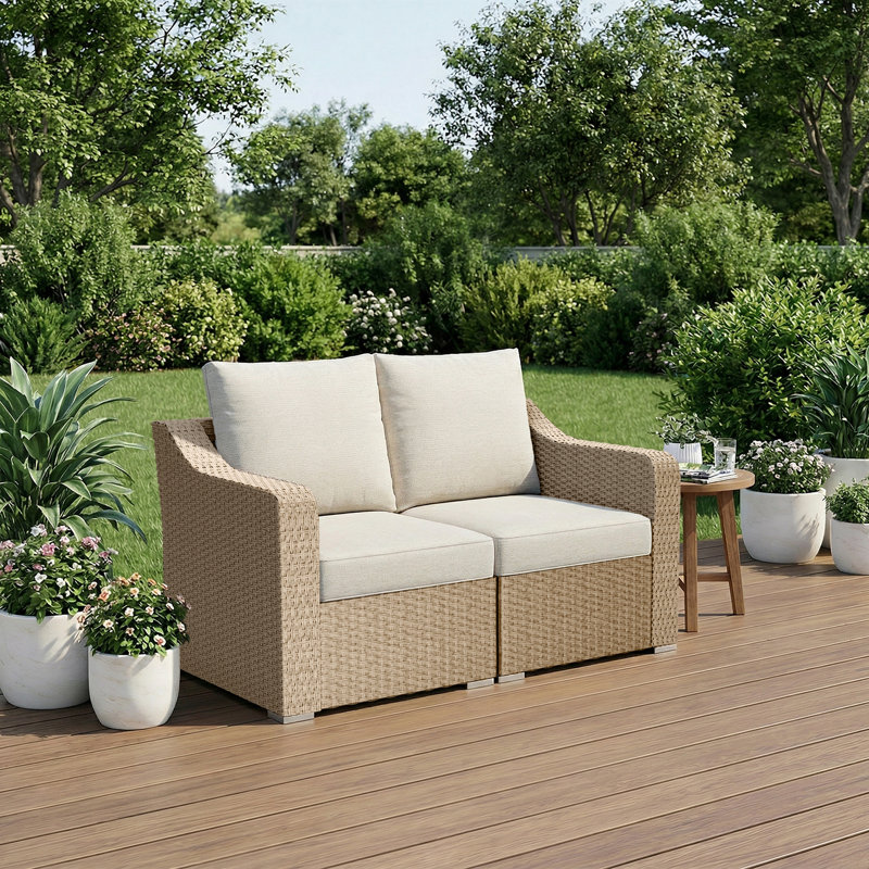 Canapé de patio en rotin Loverest, Coussin crème beige / structure brun clair