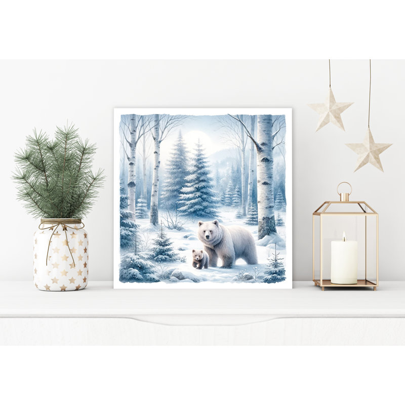 «Winter Haven: Mother Bear and Cub in Winter Birch Grove», art mural sur toile tendue, H 12 po x l 12 po x P 1 po