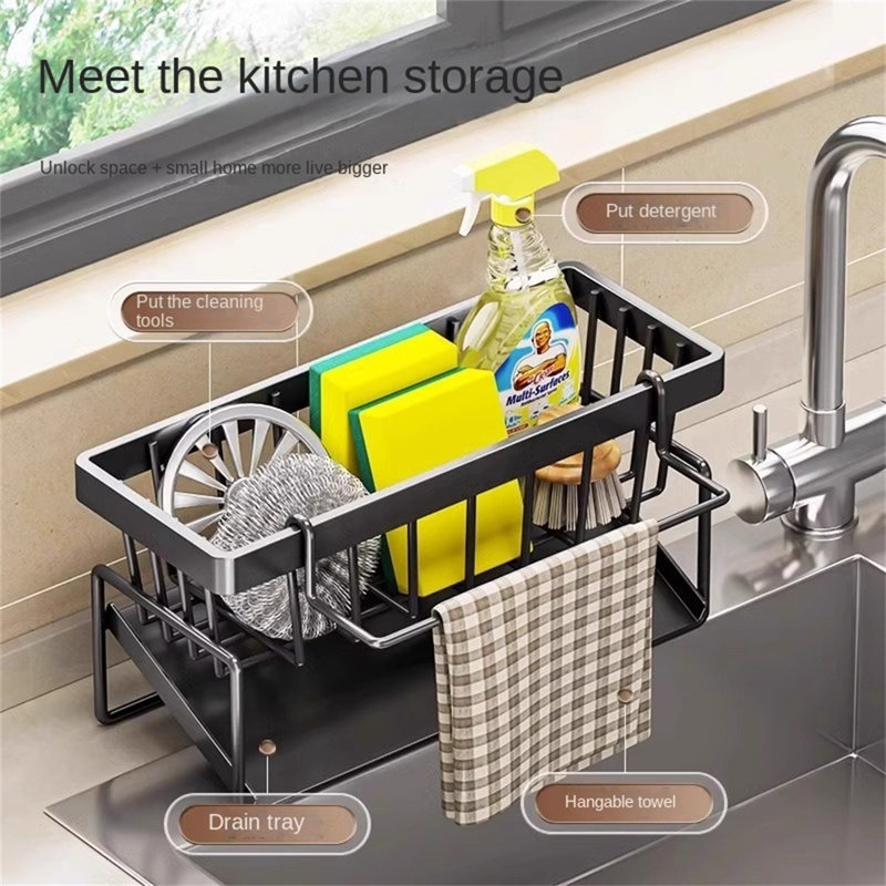 Organisateur de chariot de cuisine pour évier de cuisine - support pour éponge, égouttoir, laveur de boules en fil de fer, porte-chiffon pour laver la vaisselle et organiser l'évier