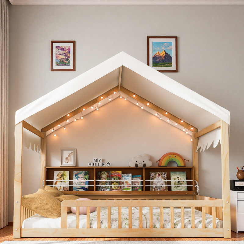 Lit en bois avec auvent, 3 étagères de rangement et lumière DEL, Naturel / naturel