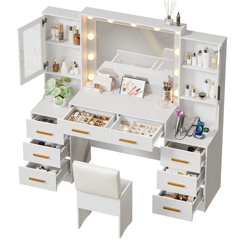 Ensemble de coiffeuse à maquillage moderne avec miroir, 8 tiroirs et station de charge - avec tabouret, blanc et or Kenn 58,4 "Kenn