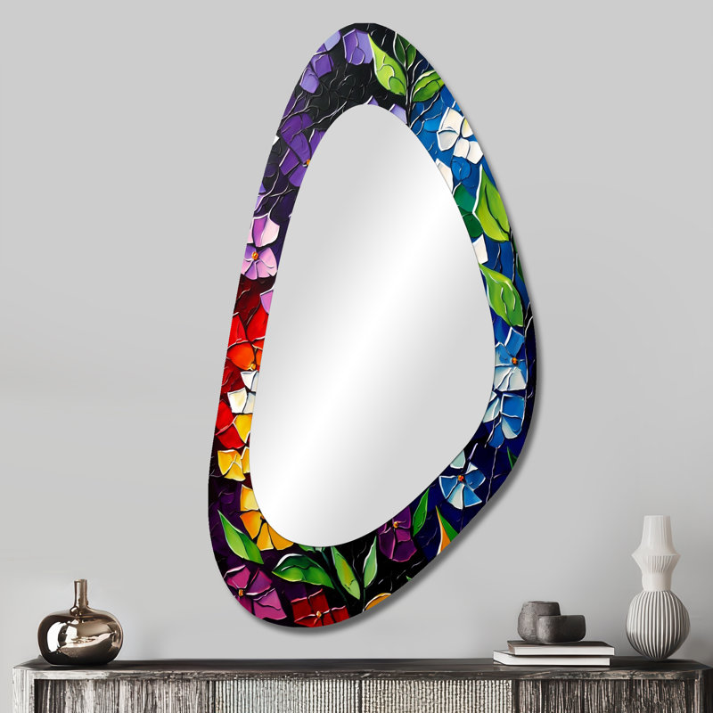 Searcy Bright Blossoming Minimal Wildflowers VI - miroir décoratif asymétrique floral, grand miroir mural de forme irrégulière traditionnelle, impression d'art en métal