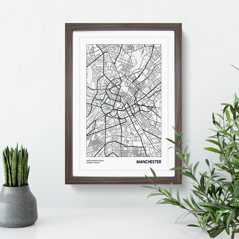 Map Manchester UK - Picture Frame Graphic Art, Walnut, 65cm H x 48cm W x 2cm D