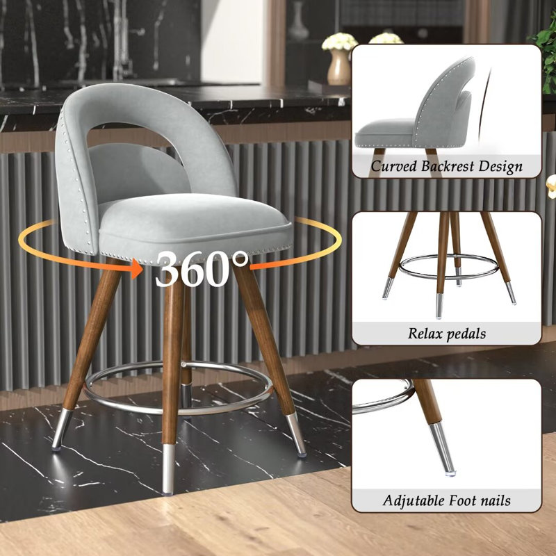 Gray Velvet Swivel Counter Stools with Solid Wood Legs, Set of 4