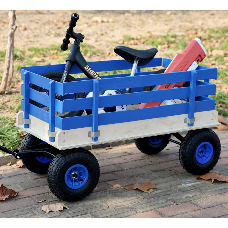 Chariot de chariot en bois avec poignée pliante, chariot utilitaire tout-terrain robuste pour l'extérieur, le jardin, le camping et la plage - chariot utilitaire à tirer classique