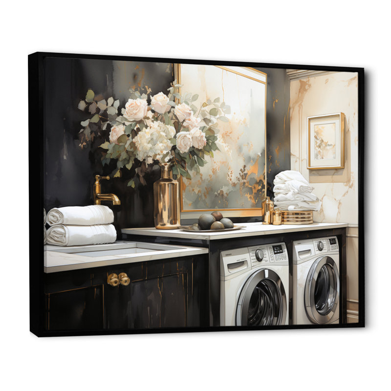 Blanchisserie Art déco II - Art mural, Cadre flottant noir, H 12 po x l 20 po x P 1 po