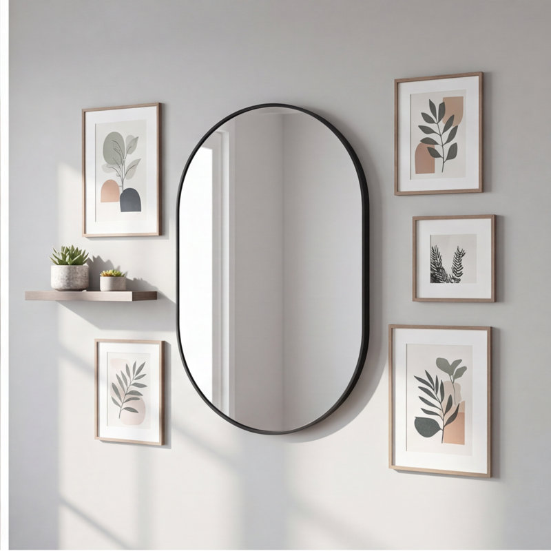 Miroir mural noir ovale, 20 po x 28 po, cadre en aluminium avec verre incassable