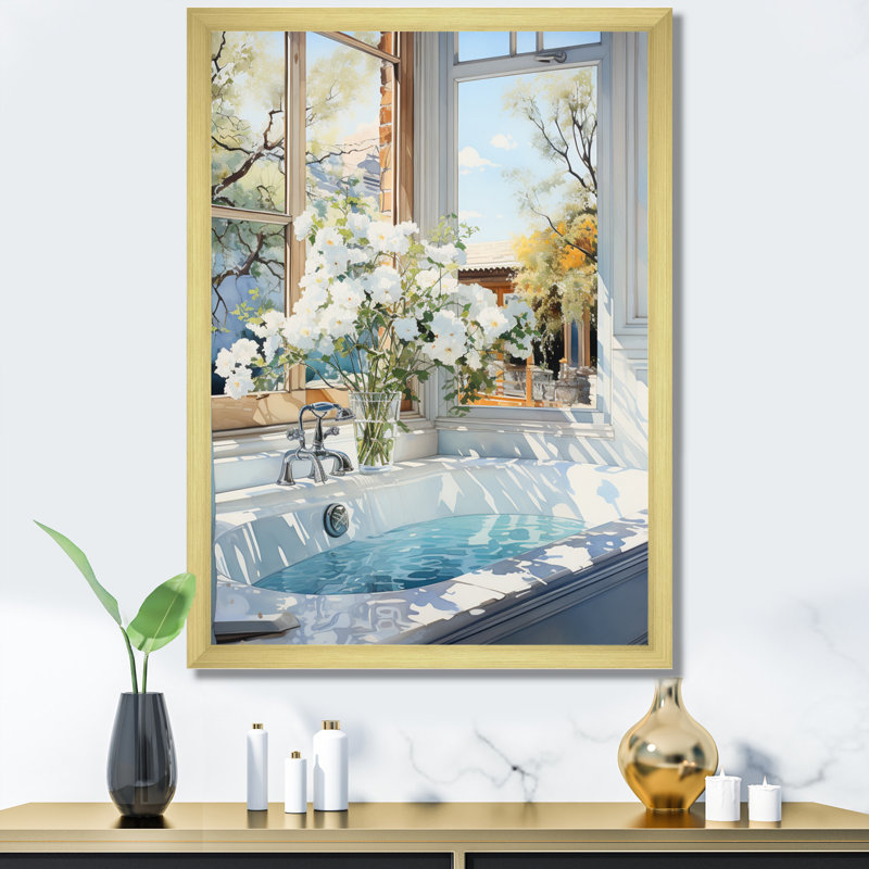 Bathroom Tranquil Reflections VI - Art mural encadré pour salle de bain, Cadre doré simple, H 32 po x l 16 po x P 1 po