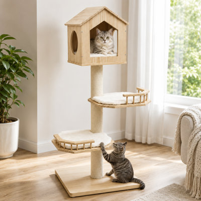 Solid Wood Cat Tree with House-Shaped Top Condo, Space-Saving Multi-Level Cat Tower with Staggered Balcony Perches,Modern Cat Furniture Sisal Scratching Posts and Washable Cushions for Indoor Cats, 53"