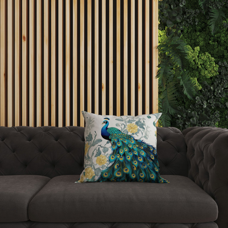 Peacock and Floral Faux Suede Reversible Throw Pillow