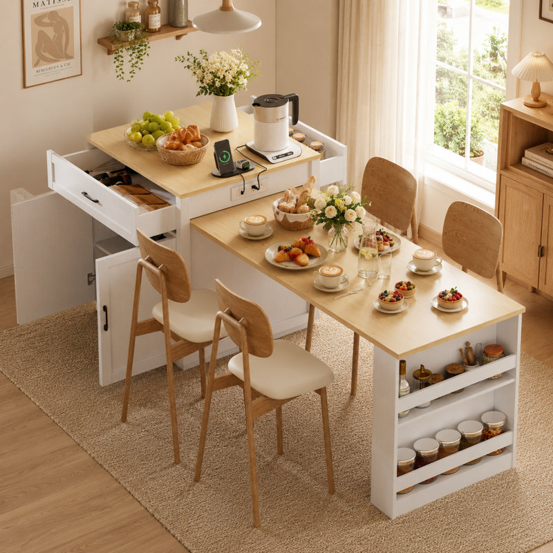 Ensemble d'îlot de cuisine avec table de salle à manger extensible, tiroirs et tablettes de rangement ouvertes Farmhouse
