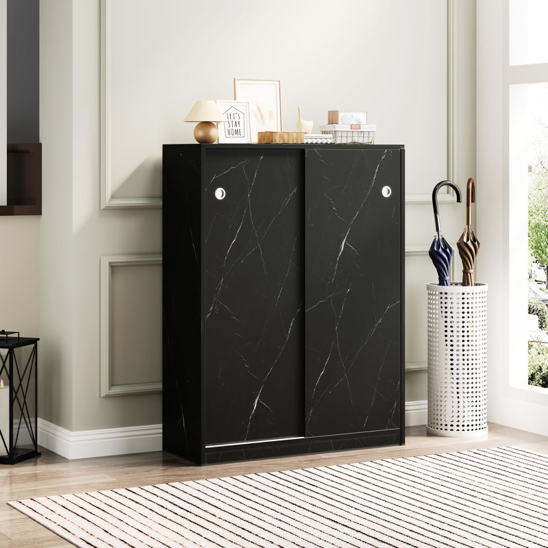 Shoe Cabinet With Marble White Surface And Sliding Door, 6 Layers Fit 30+ Pairs Black Storage Door Layers, Holds At Least 30