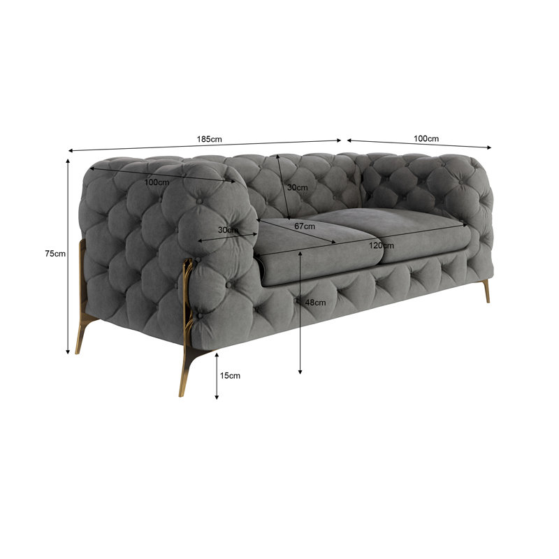 Chesterfield Sofa Atoka with Gold Metal Legs, 2, Grey