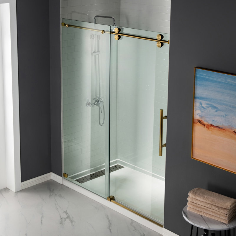 Portes de douche sans cadre de 56 à 60 po de largeur x 76 po de hauteur avec verre trempé transparent de 5/16 po (8 mm), coulissant simple avec bandes d'étanchéité latérales